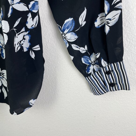 Nydj Womens Large Blue White Black Floral Tie Neck Blouse Long Sleeve Shirt Top - Picture 10 of 11